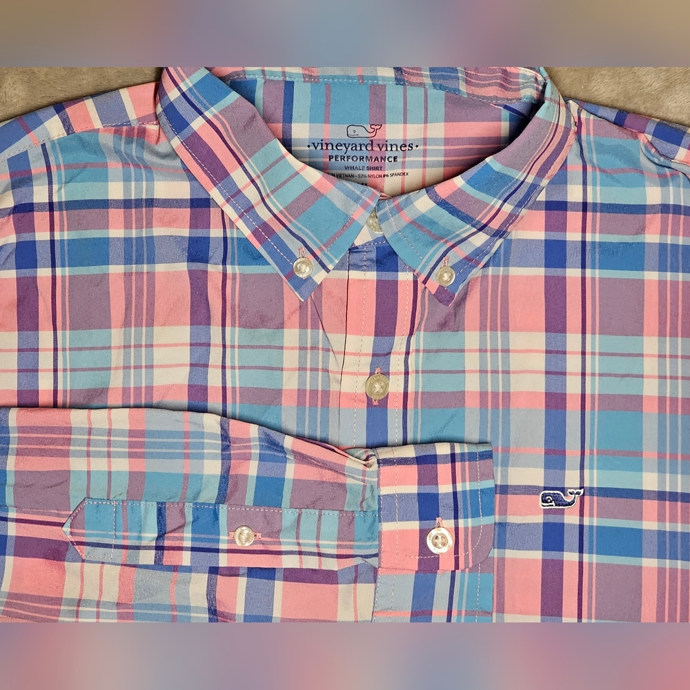 Vineyard Vines Performance Nylon Button Up  Whale Shirt‎ XL  Colorful Plaid.